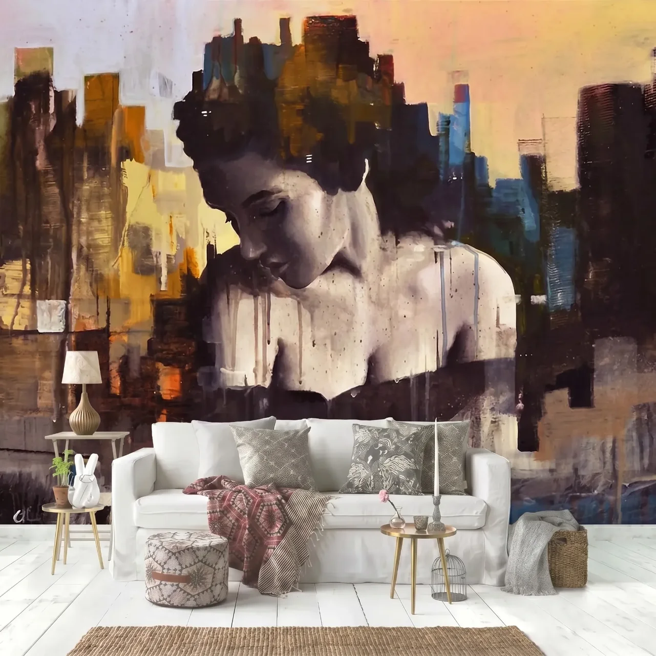 Figure oil painting, removable and customizable adhesive art mural art for bedroom and living room