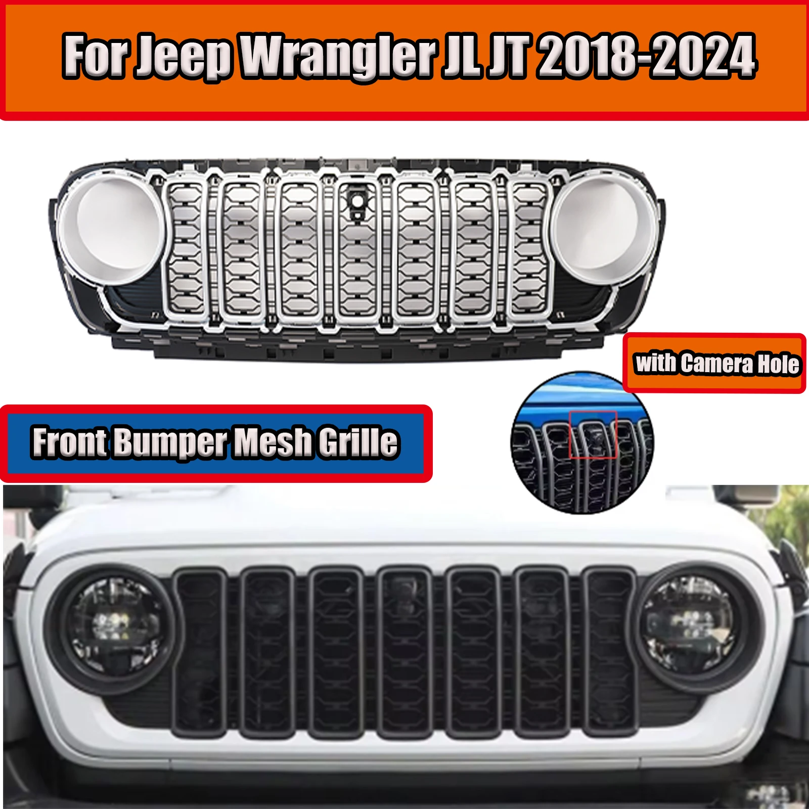 For Jeep Wrangler JL JT 2018 2019-2024 Car Front Bumper Mesh Grille With Camera Hole Matte Black Silver Exterior Accessories