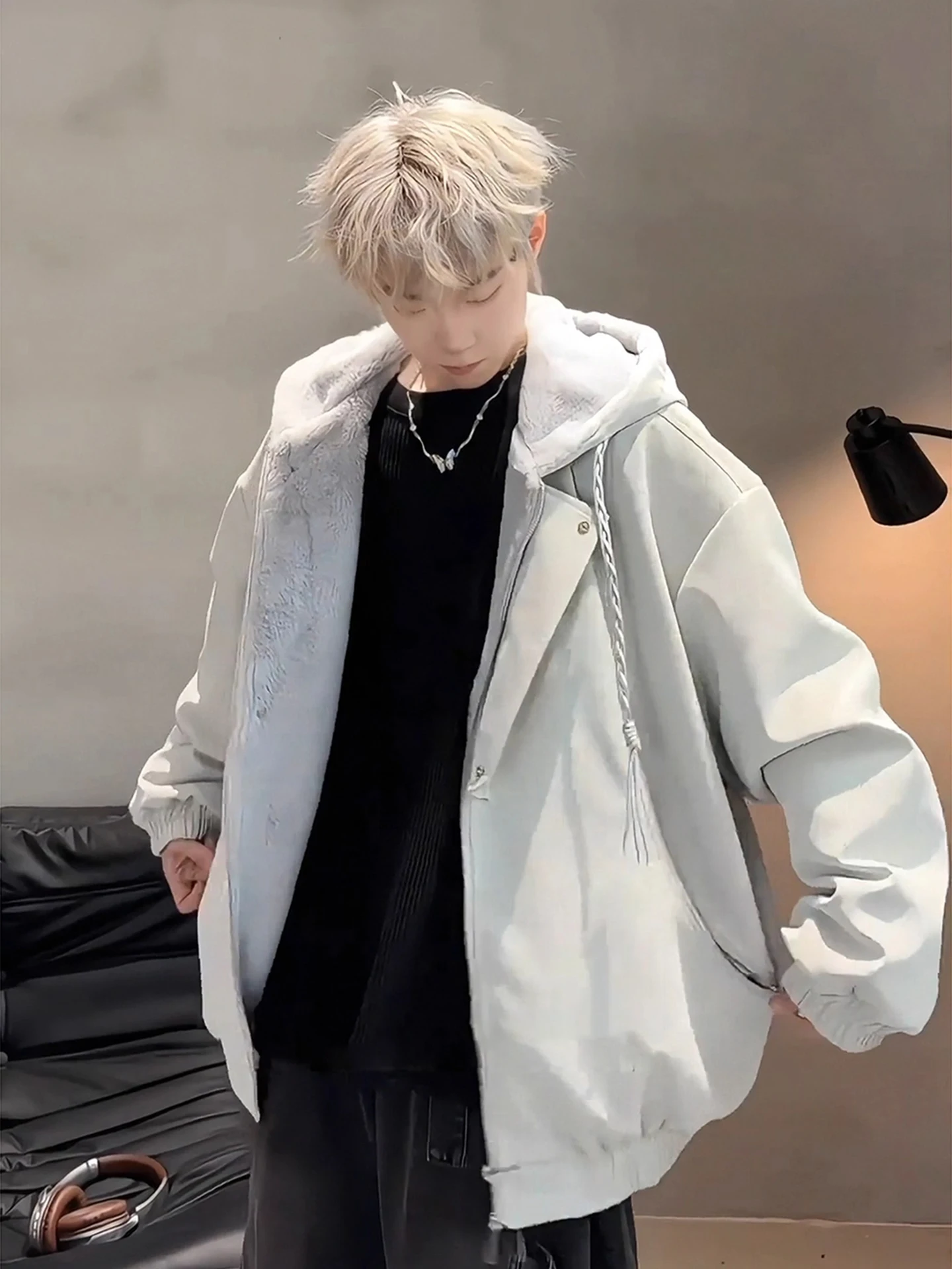 

Thiened Faux eepskin Hooded Jaet Men's Winter Warm PU Leather eepskin Cotton Coat with Zipper for Daily Wear