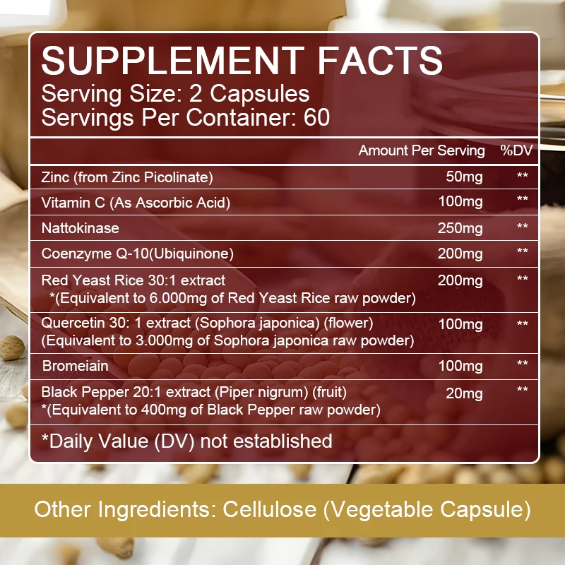 Kapsul Nattokinase 10,100MG dengan CoQ10 + beras ragi merah Quercetin + penguat kekebalan tubuh Bromelain