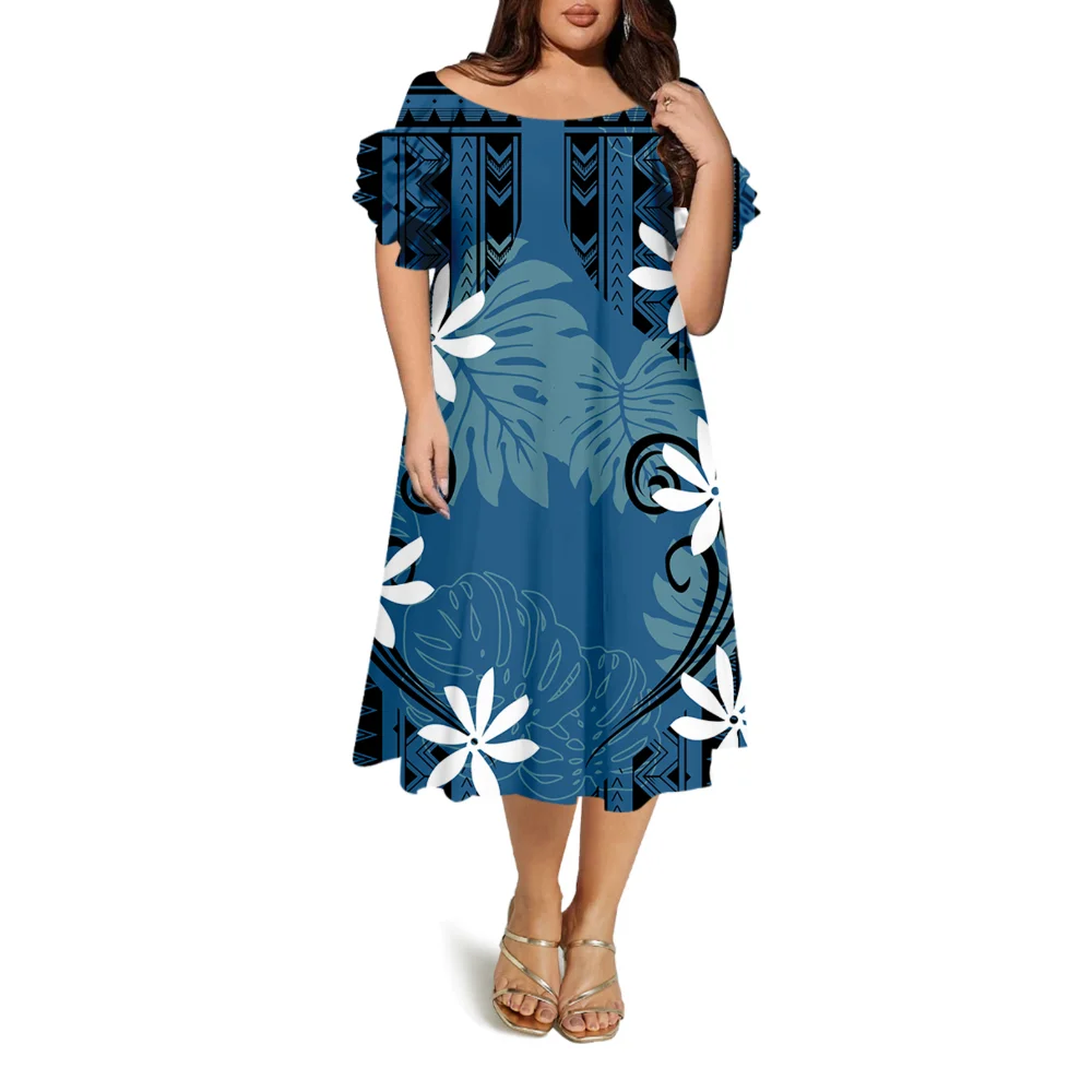 Nowo zaprojektowana damska sukienka maxi z krótkim rękawem i okrągłym dekoltem, z jednym ramiączkiem, z motywem polinezyjskiego wyspy.