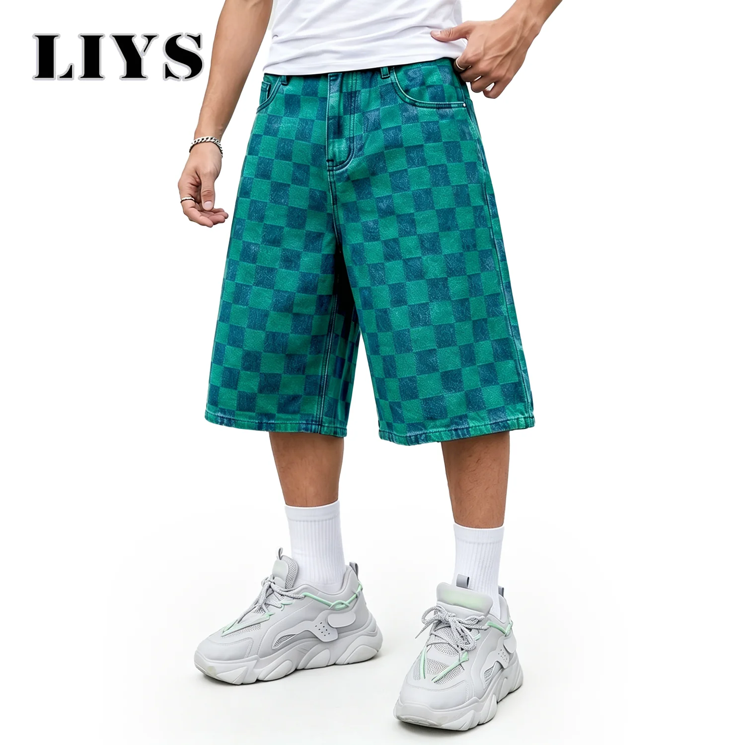 LIYS Men's American Retro Green Checkerboard Style Summer Vacation Trendy Brand Loose Wide Leg Street Style Denim Shorts