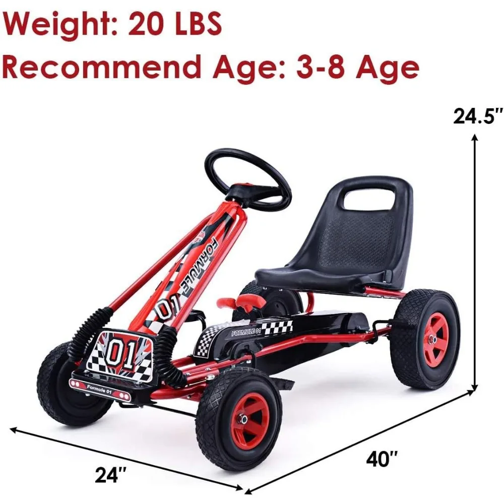 Go Kart for Kids, 4 Wheel Off-Road Pedal Go Cart w/Adjustable Seat, Steering Wheel, 2 Safety Brakes, EVA Rubber Tires, (Red)