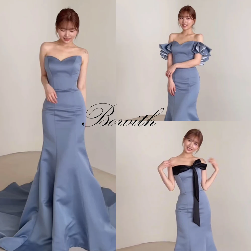 

Bowith 3 in 1 Korean Wedding Dresses Blue Mermaid Detachable Sleeves Bridal Gown Customized Wedding Party Dresses for Bride