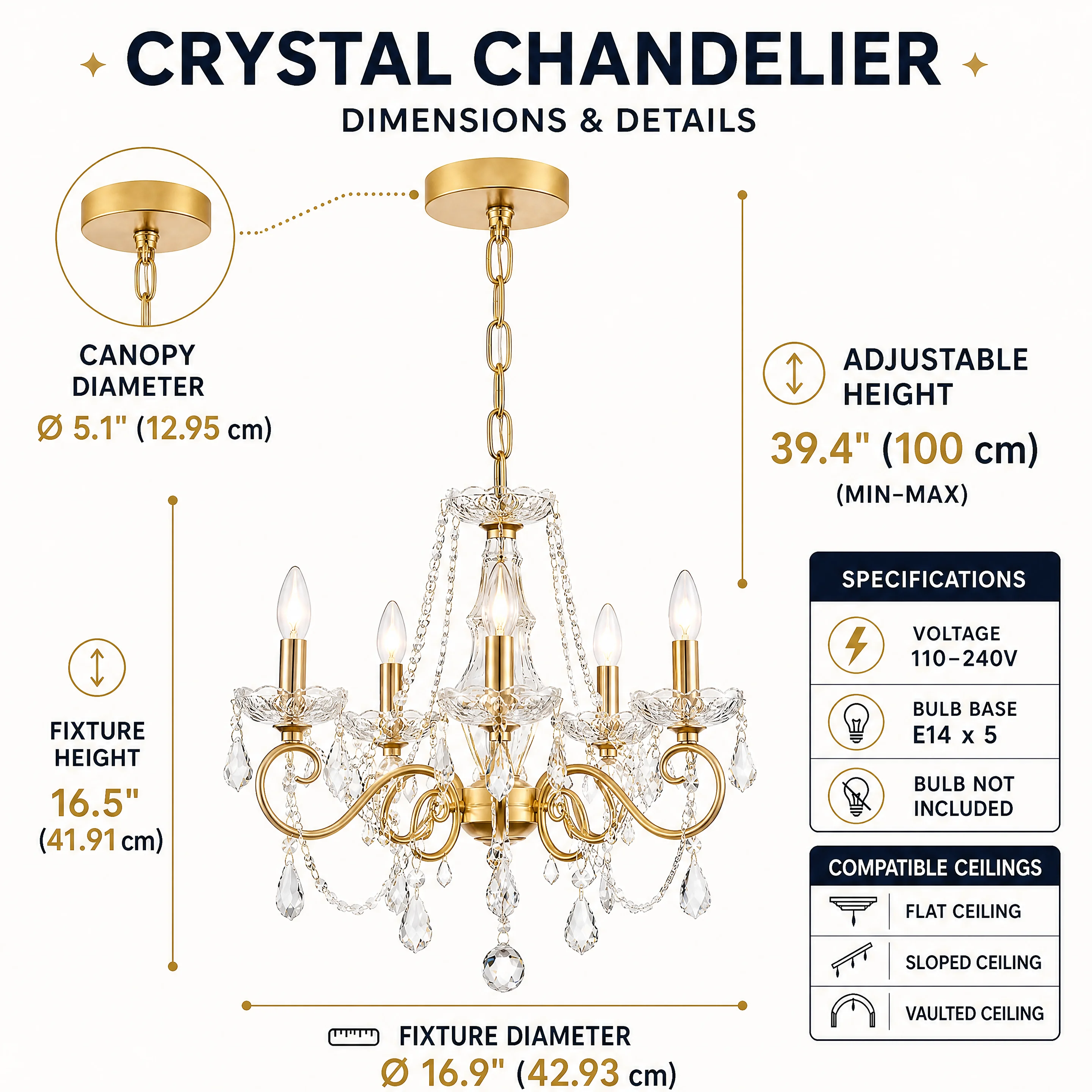 Vintage Gold K9 Crystal Candle Chandelier Adjustable Pendant Light Fixture for Dining Living Bedroom Foyer Home Decor Lighting