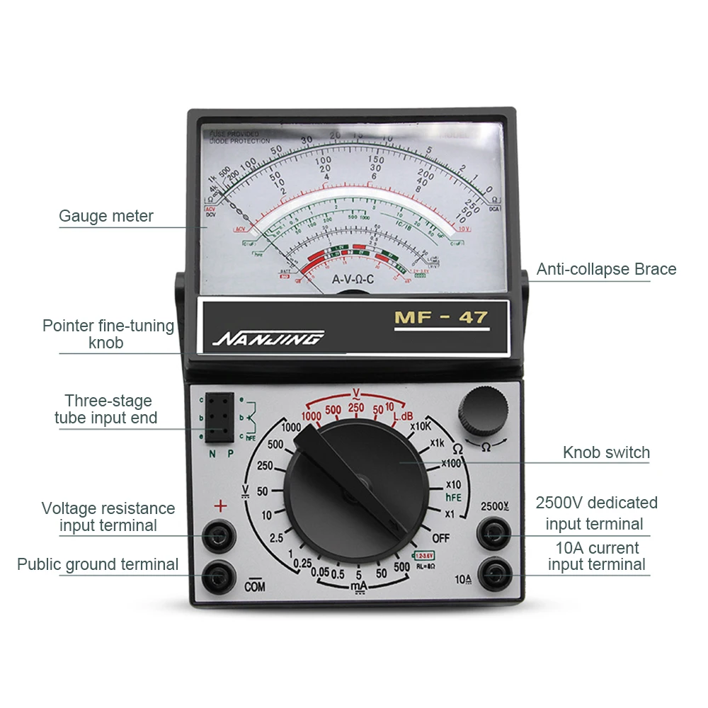 High-Precision MF47 Multimeter DC/AC Voltage DC Current 10A Tester Resistance Capacitance Meter Analog Display Pointer Meter