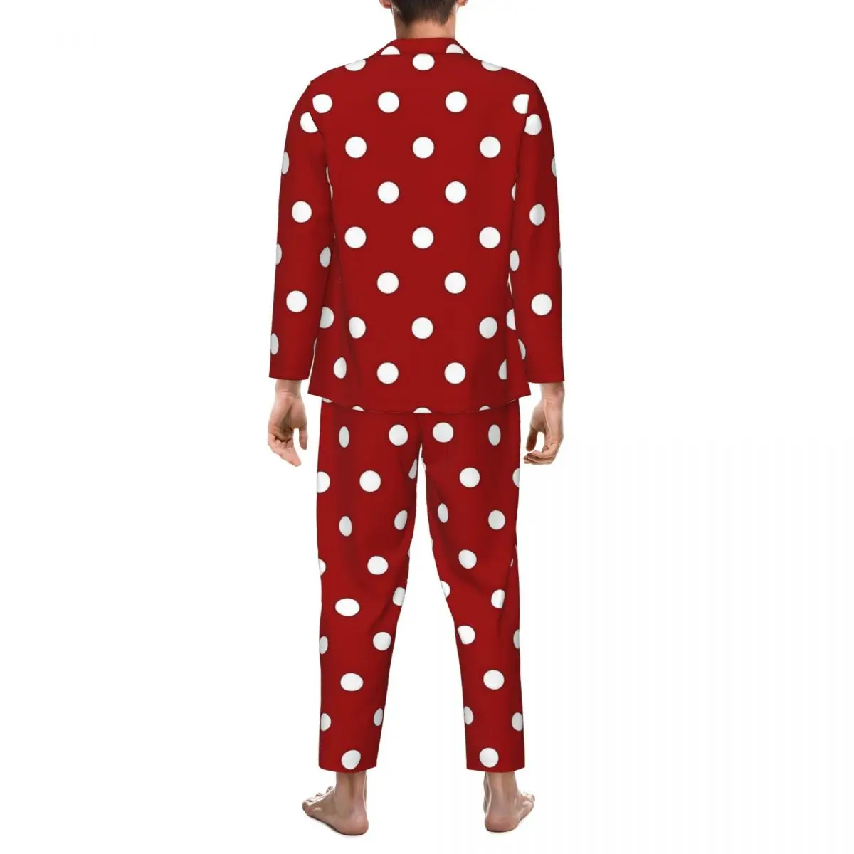 Conjuntos de pijama com estampa de bolinhas vermelhas e brancas, roupa de dormir fofa unissex de manga comprida, quarto casual, 2 peças, terno para casa, tamanho grande