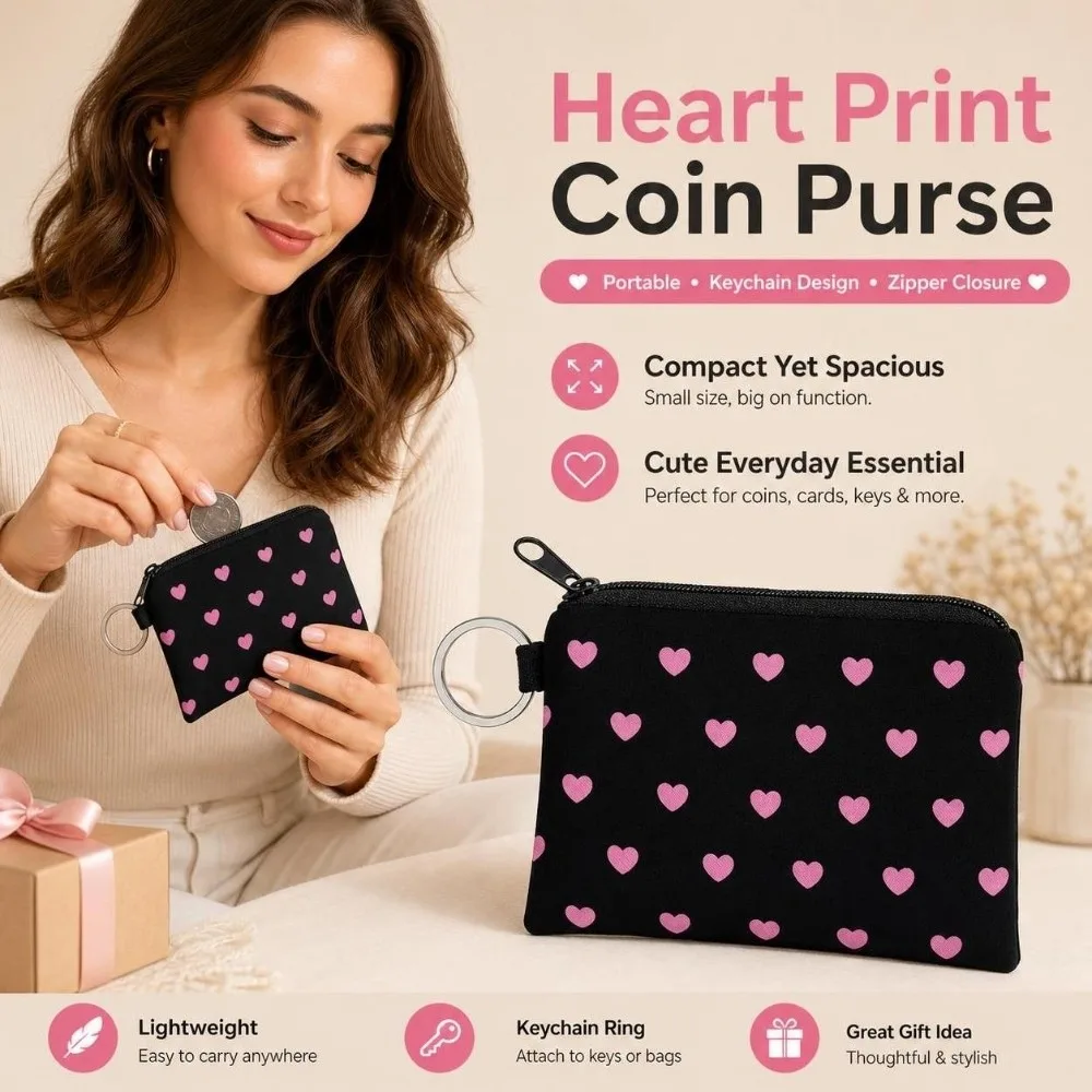 Love Heart Black Coin Purse with Key Ring Easy Access Zipper Makeup Bag Printed Zip Pouch Coin Key Card Holder Women Cosmetic