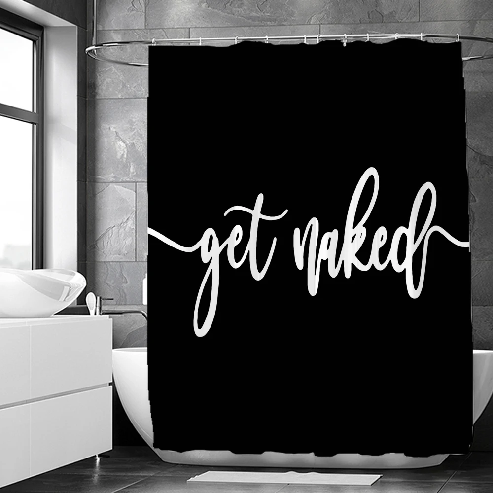 Black Theme Get Naked Decor Shower Curtain White Art Words Sexy Red lip Waterproof Polyester Fabric Bath Curtain With Hooks