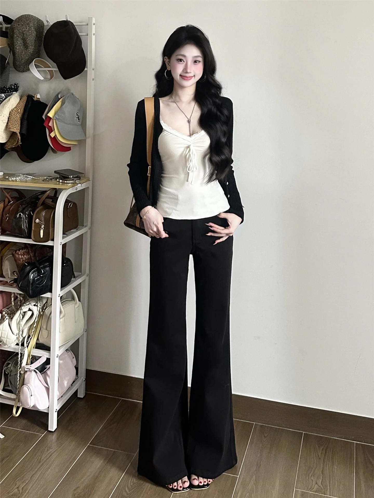 

Retro American Hot Girl Low Waist Black Bell Bottom Jeans Women's Loose Drapey Tall Extended Wide Leg Pants Casual Cotton