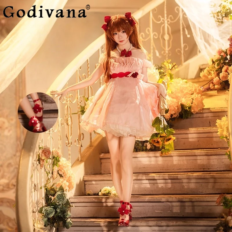 

Whisper of Flower Cosplay Dress Set Women Asuka Langley Sweet Pink Dress Female Role Play Uniform Halloween Outfit Full Set