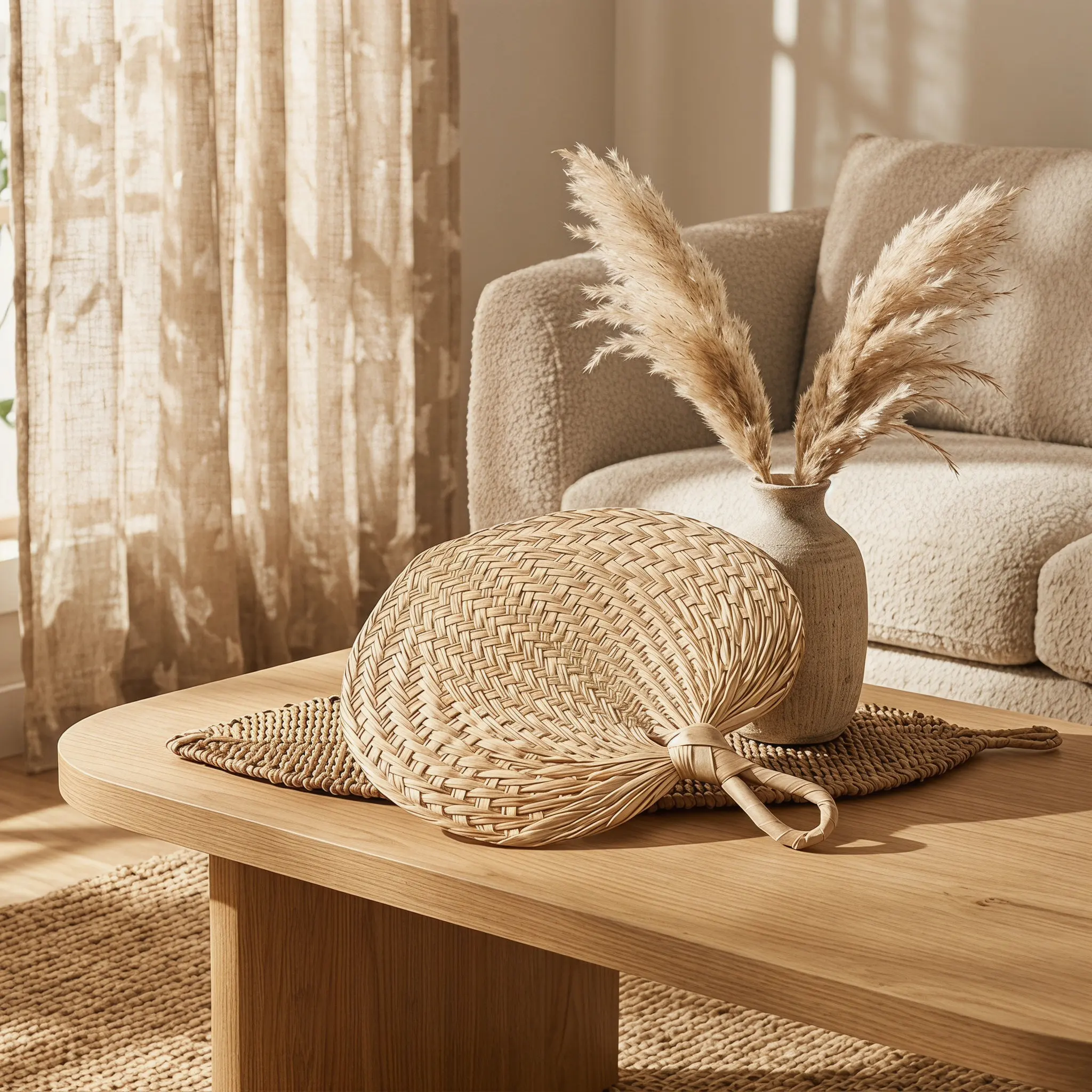Cattail Leaf Straw Fan Handmade Summer Cooling Lightweight Wall Mountable Fan for Living Room Outdoor Walking Relaxation