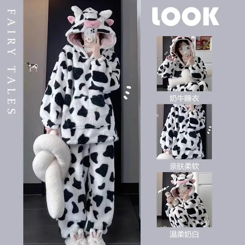 Conjuntos de pijamas com capuz de vaca fofos para mulheres, pijamas Kawaii, veludo coral grosso, trajes Homewear, loungwear, novo, outono, inverno, 2022