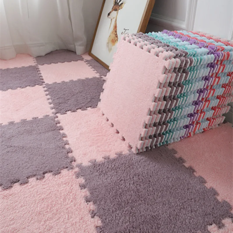 18 Pcs Plush Foam Floor Mat Square Interlocking Carpet Tiles with Border Fluffy Play Mat Floor Tiles Soft Climbing Area Rugs for