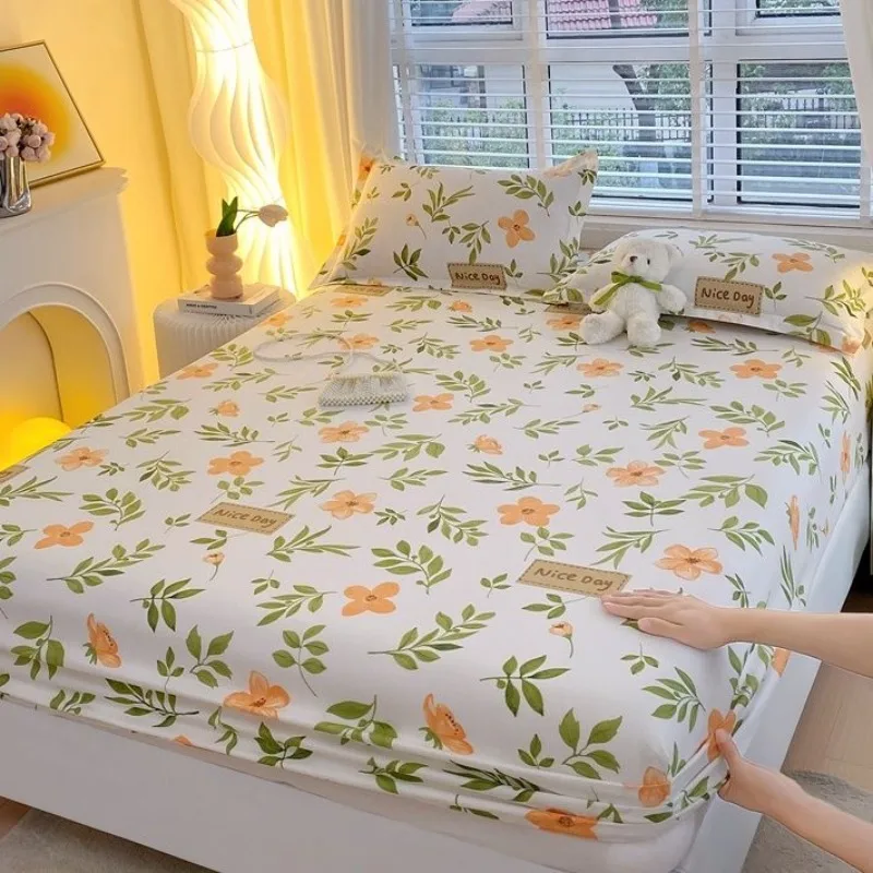 

Elastic Fitted Sheet Pure Cotton Queen Mattress Protector Cover Anti-slip Floral Bedspread Double Single Bedding（No pillowcase）