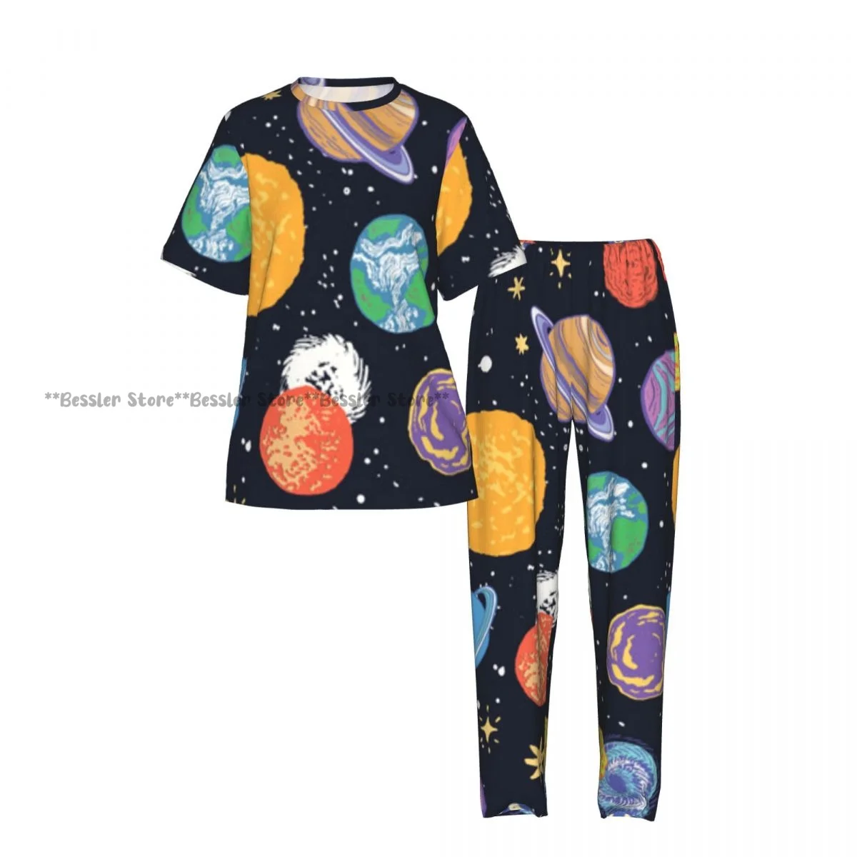 Women's Planets And Stars Illustration short sleeve trousers casual pajamas set 2
