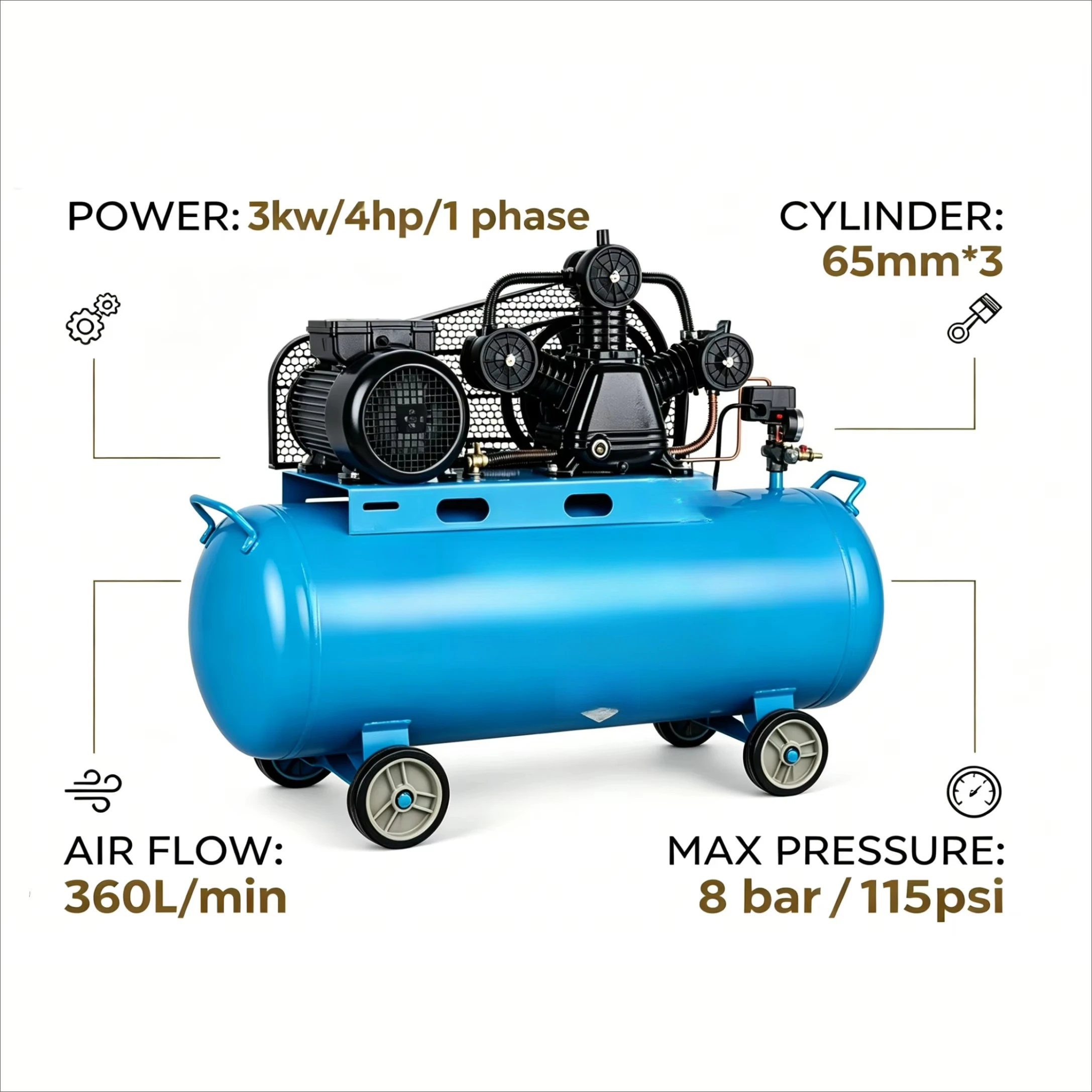 Industrial Air Compressor 200L Portable Air-Cooled Lubricated 220V 3kw/4hp