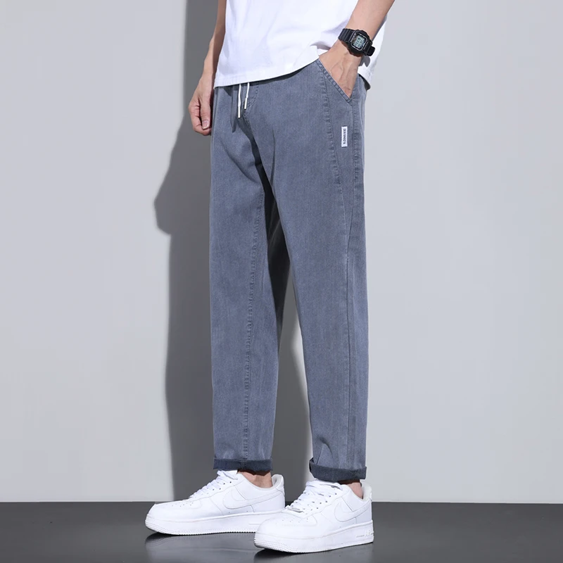 

Youthful Vitality Loose Straight Jeans Men's Clothing Stylish Mid Waist Elastic Drawstring Summer Thin Pockets Casual Trousers