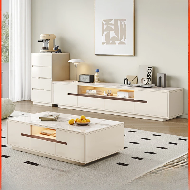 

Cream style TV cabinet coffee table combination modern and simple living roomsmall household solid wood floor to ceiling