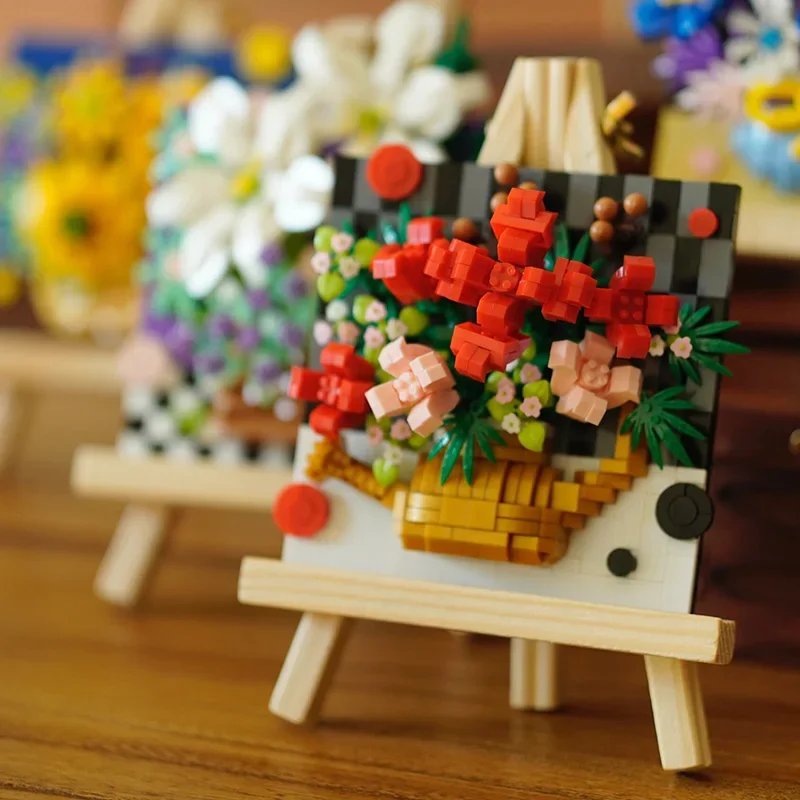 Rose Sunflower Building Blocks Wooden Easel Painting Exhibition Frame Bouquet Series Bricks Children's Assembly Decoration Toys