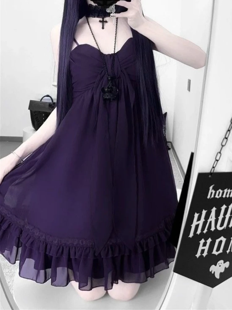Vintage Elegantes Neckholder-Midikleid aus Transparentem Chiffon mit Gestufter Spitze und Rüschensaum, Weiches Feenhaftes Japanisches Kawaii Casual Streetwear Outfit für Damen