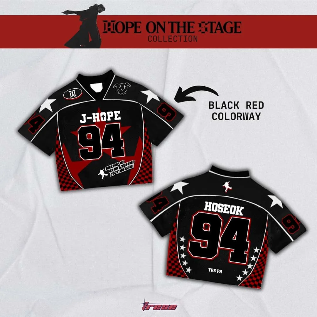 Été 2026 BTS J‑HOPE Hope on The Stage # 94 Maillot de football américain pour fans de Kpop, T-shirt pour hommes et femmes, noir et rouge, streetwear hip-hop
