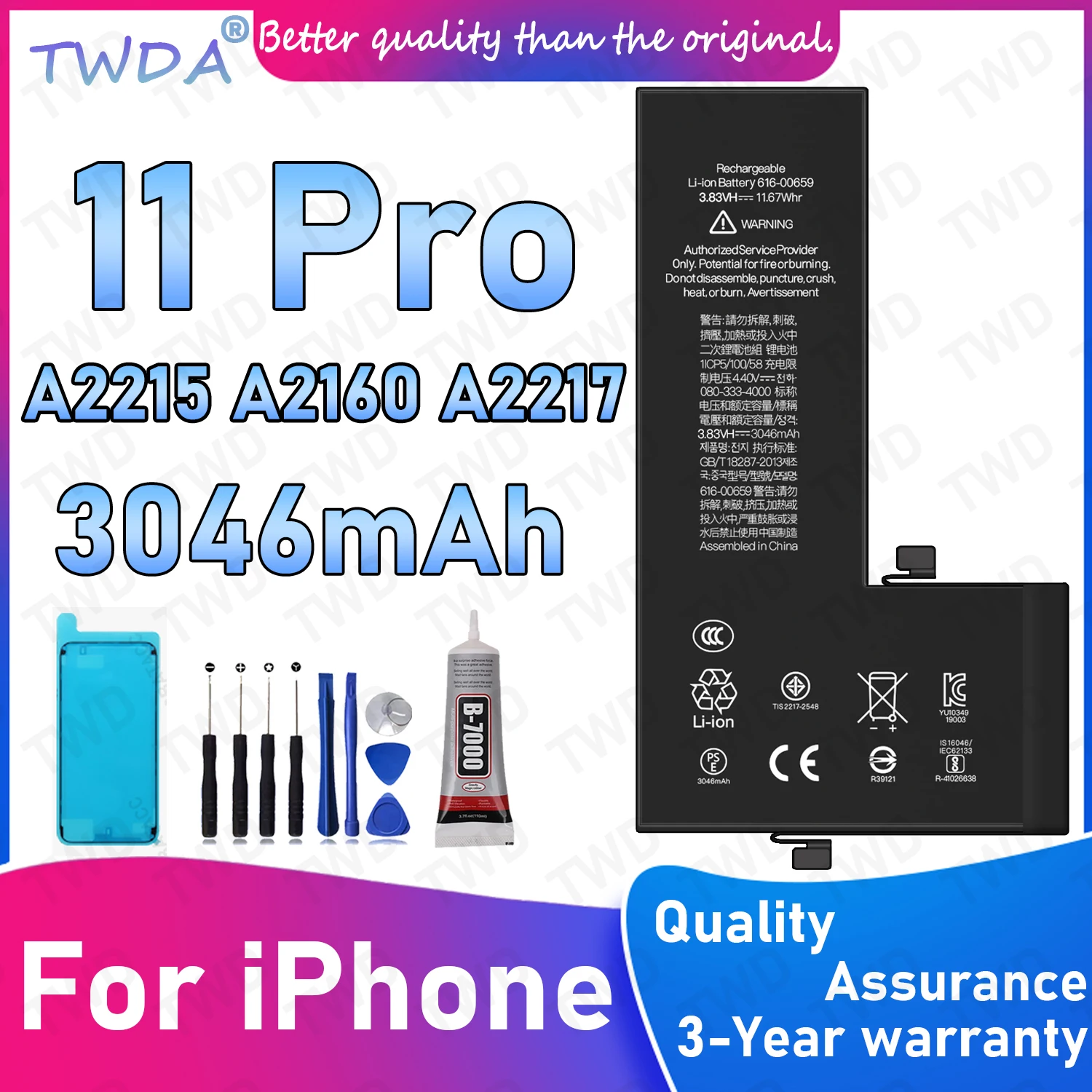 

616-00659 Аккумулятор большой емкости 3046 мАч для iPhone 11 Pro/A2215/A2160/A2217, новые аккумуляторы высокого качества + бесплатные инструменты