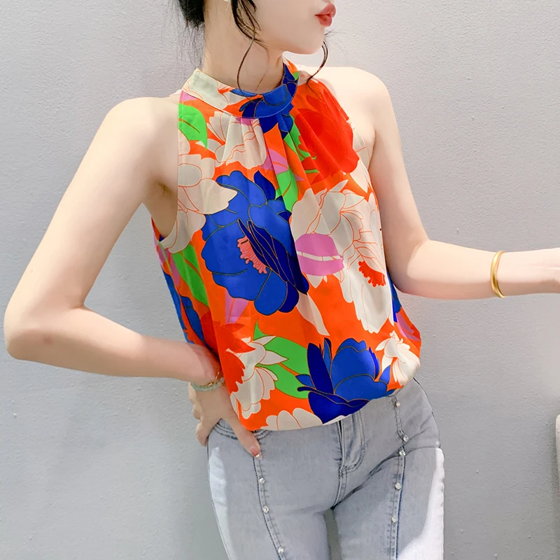 Madblack-colete europeu feminino, sexy sem mangas o pescoço estampa floral, streetwear vintage solto camisola, 2025 verão novo t55504cc