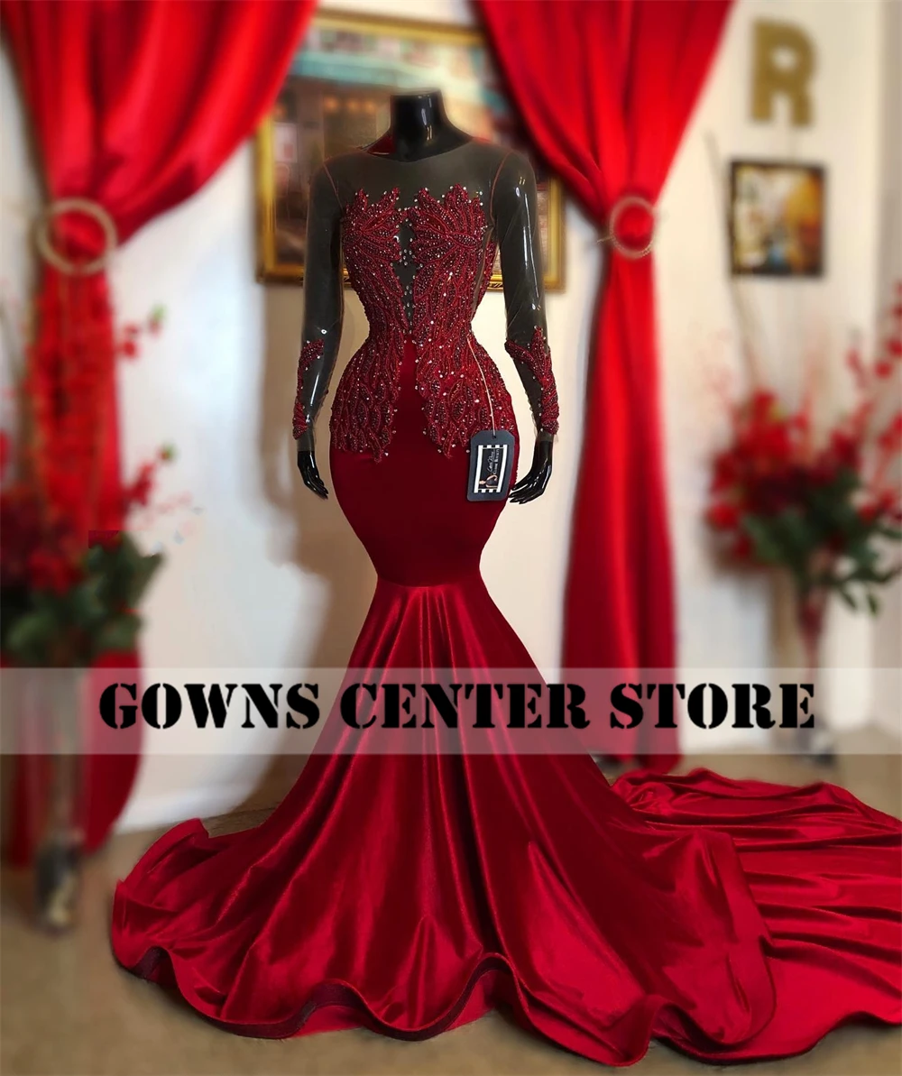 Elegant Beaded Appliques Velvet Prom Dresses Long Sleeve Luxury Gowns Elegant Evening Dress For Wedding Party Mermaid Black Girl