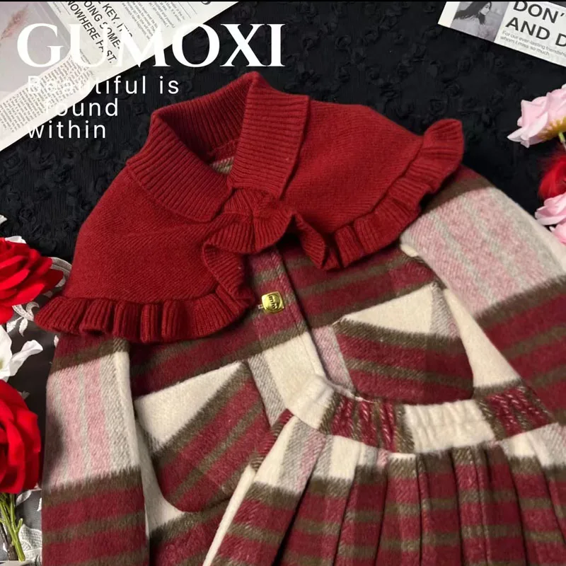 Winter Sets Thick Kids Childrens Princess 2Pcs Suit Baby Girls Cotton Sweet Woolen Stripe Red Coat Jacket+Pleated skirt Elegance