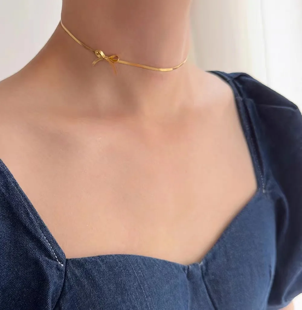 Classic Fashion Gold Color Stainless Steel Bowknot Short Neck Chain Necklace for Women Cute Charm Collar Jewelry Set Colorfast