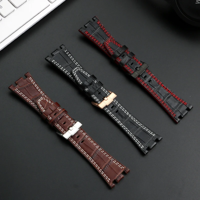 For AP Royal Oak Offshore 15400 Men\'s Genuine Cowhide Leather Watch Band 28mm Pin Buckle Style Watch Strap Waterproof Bracelet