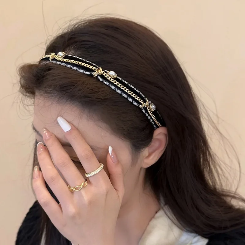 Vintage Pearl Rhinestone Headband Versatile Hairhoop Fashion  Temperament woman Hair Accessories Thousand bird grid  headband