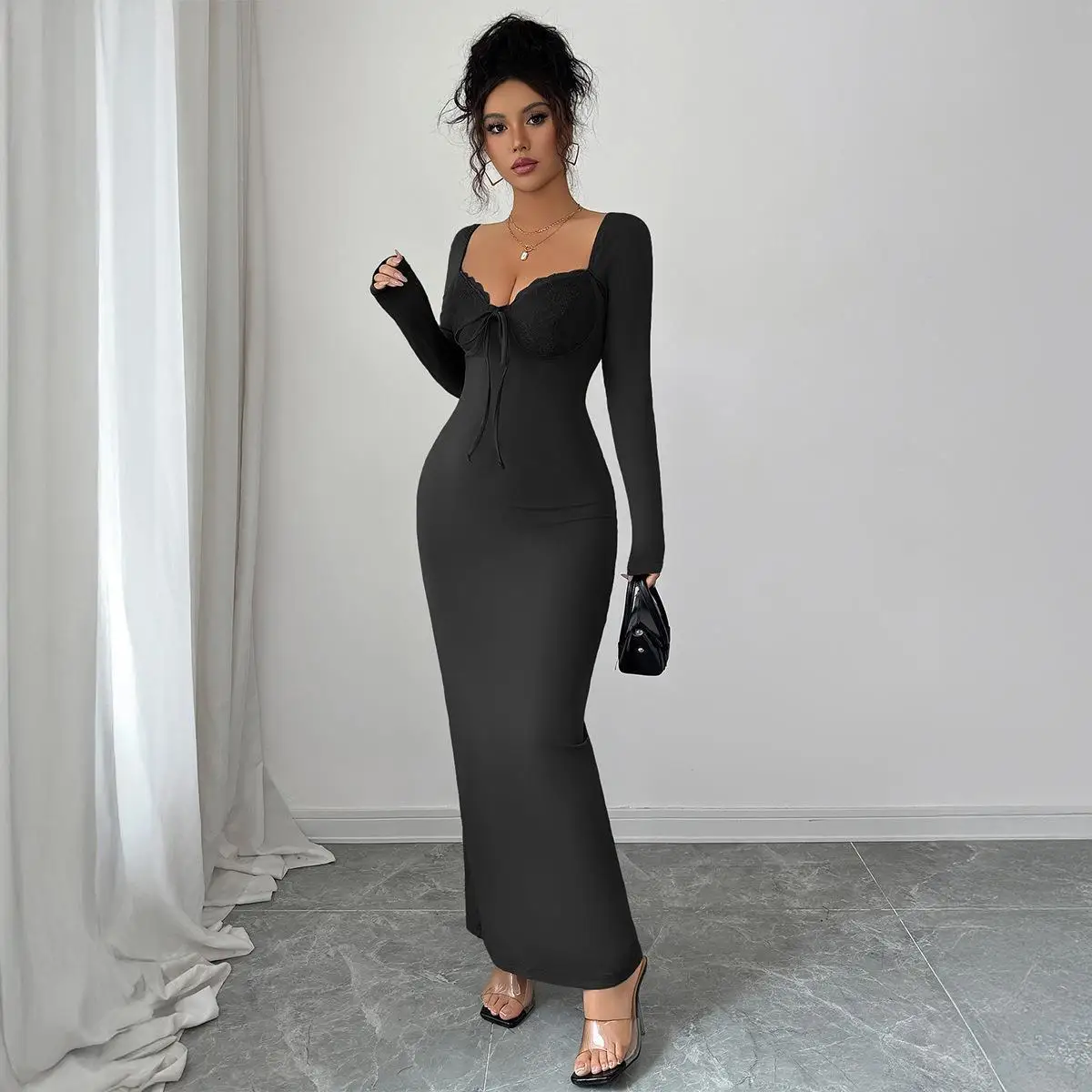 E Vestido Cruzado de Encaje de Color Puro, Moda Femenina, Cintura Alta, Manga Larga, Otoño Invierno, Vestido de Calle