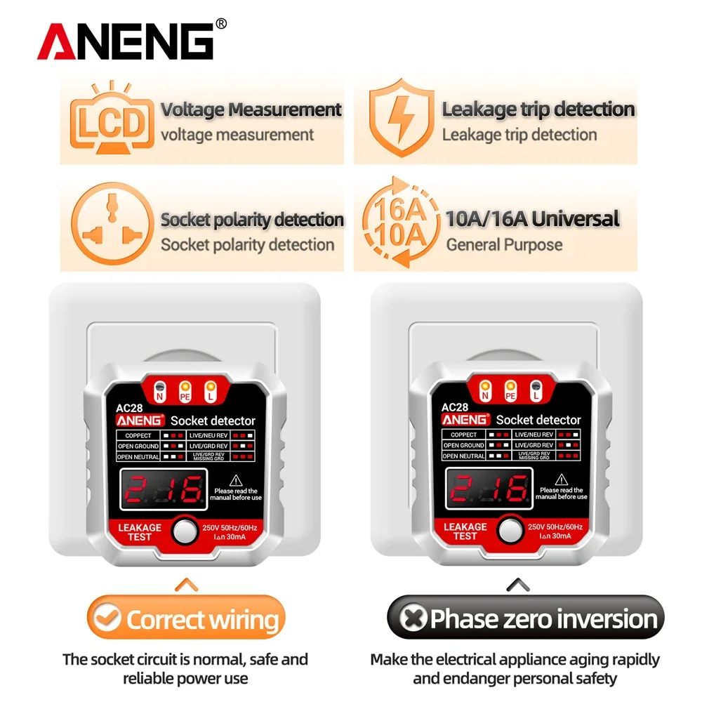 ANENG AC28 gniazdo cyfrowe Tester mocy lokalizator wyłącznika bezpieczeństwa 250V 50Hz/60Hz z gniazdem polaryzacji Tester napięcia wtyczka ue/US