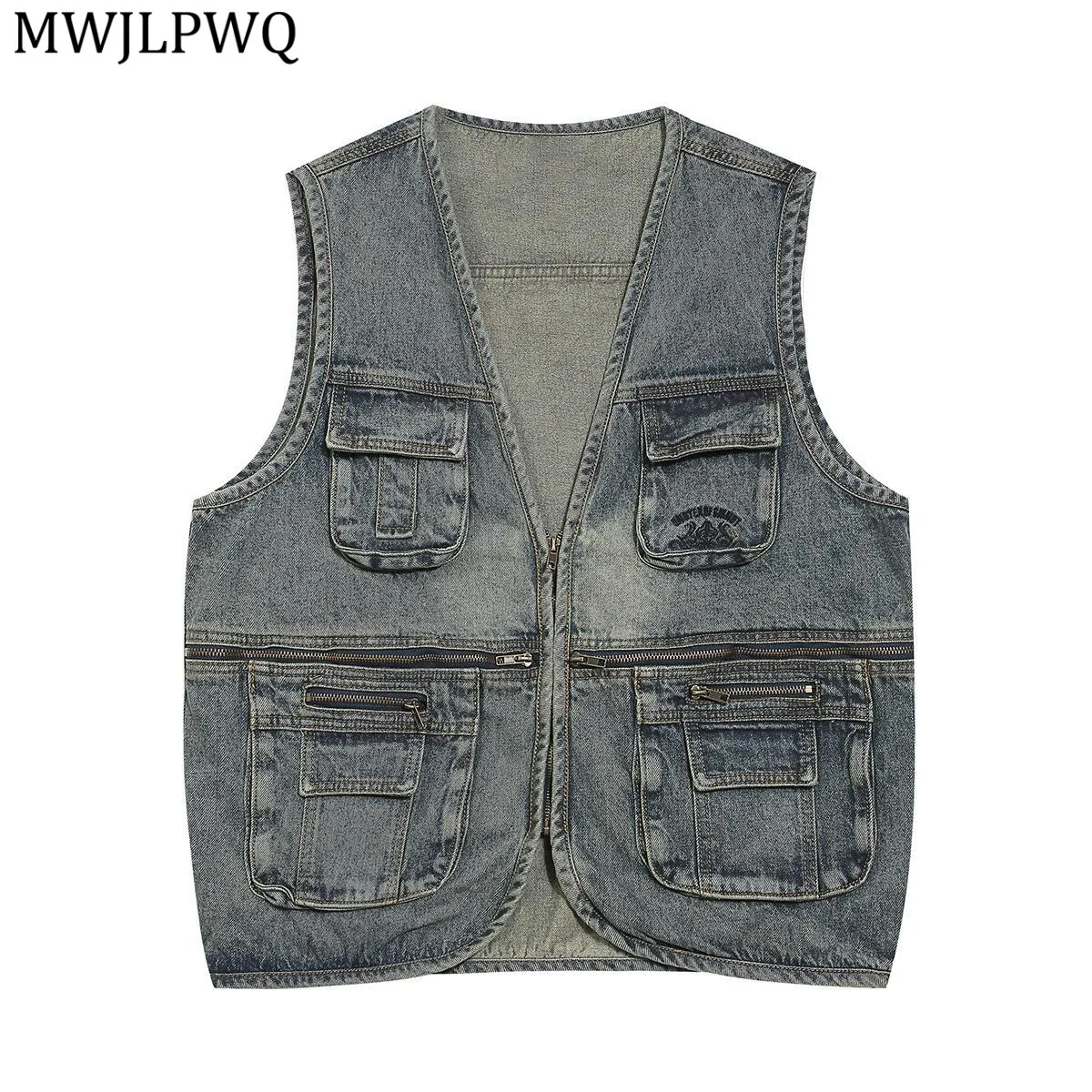 

MWJLPWQ Men's American Style Denim Tactical Vest Coats Street Three-Dimensional Pockets Trendy Washed Casual Tops 2025 New 21026