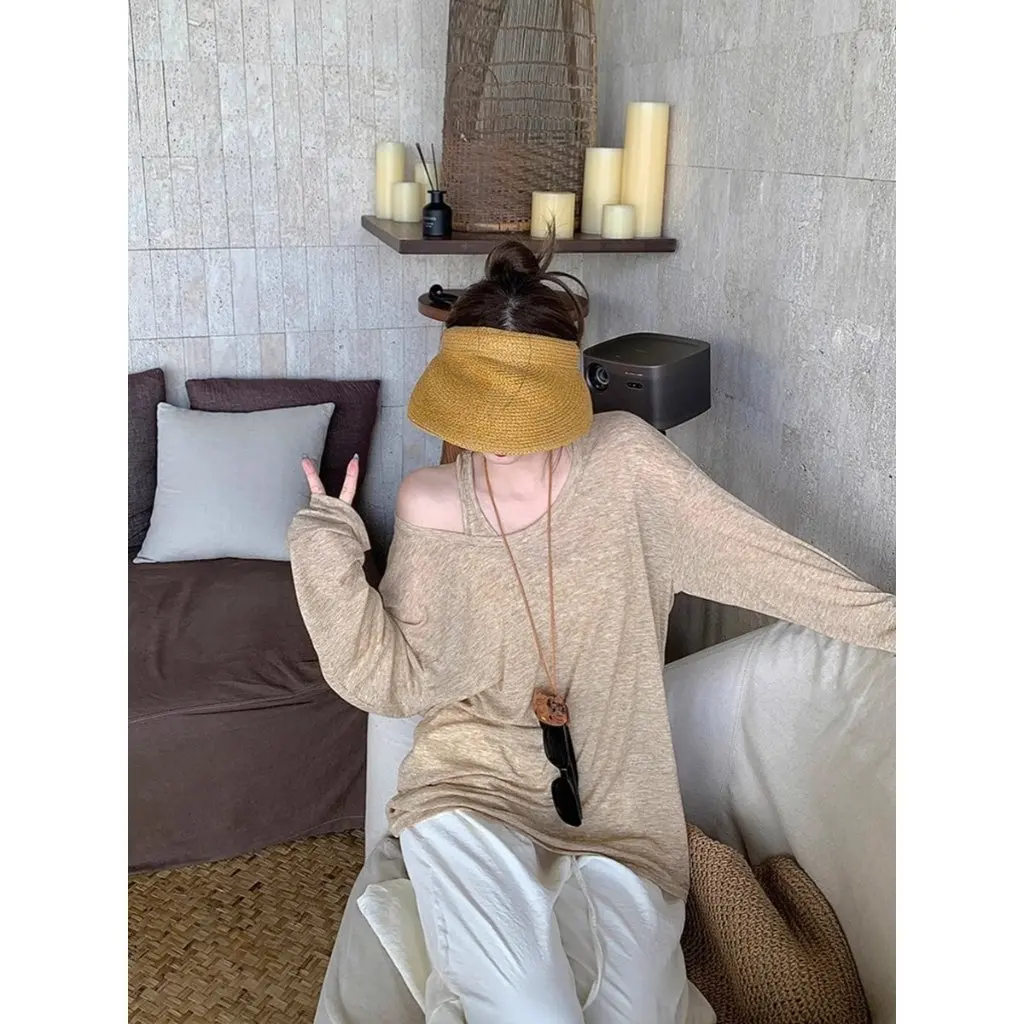 

Women's Thin I-Shaped Loose Vest Sunscreen Top Micro-Transparent Long-Sleeved Spring Summer Lazy Wind Blouse Two-Piece Pack