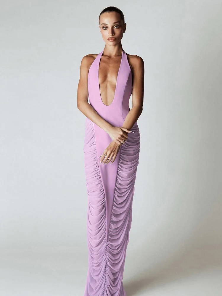 Nibber Halter Mesh Patchwork Maxi Dress Women Deep V-Neck Sexy Backless Midnight Trend Banquet Party Ruched Elegant Vestidos