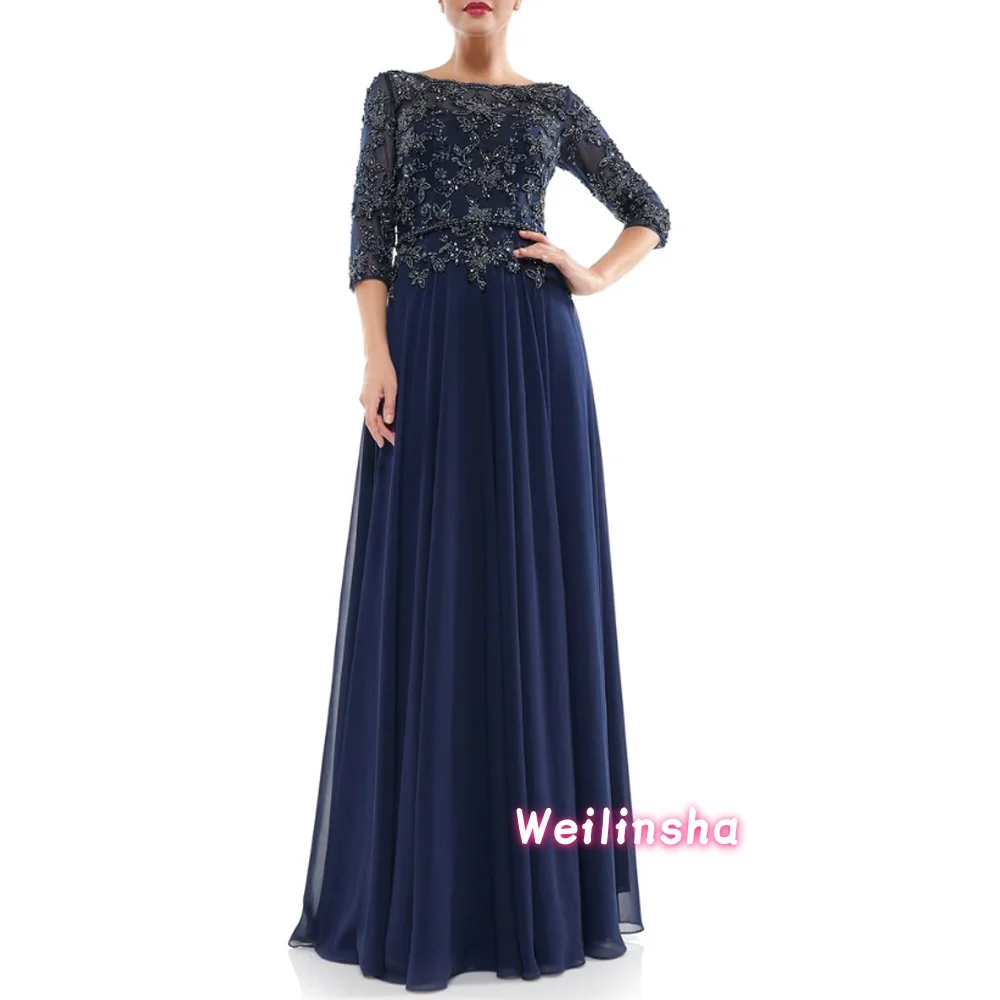 

Navy Mother of The Bride Dresses Crystal Applique Half Sleeves Luxury A Line Floor Length Chiffon Wedding Guest Gown Customized