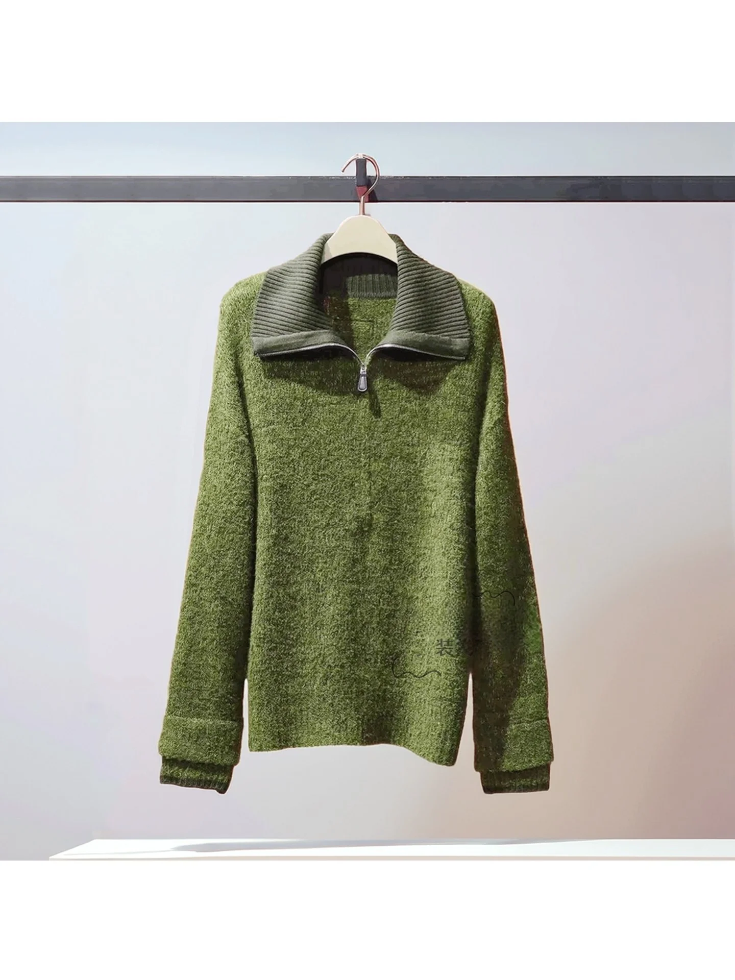 

Fashionable Lazy Style Loose Knitted Sweater Women's Outerwear Collared Casual Comfortable Mid-Length Long Sleeve Zipper