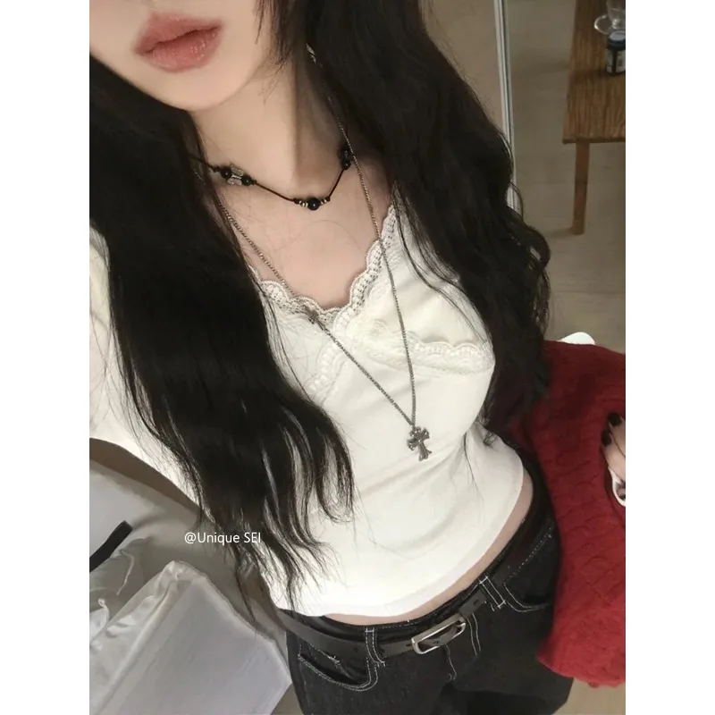 

Корейская тонкая женская футболка с длинными рукавами и v-образным вырезом, новинка зимы 2025, однотонные универсальные укороченные топы High Street