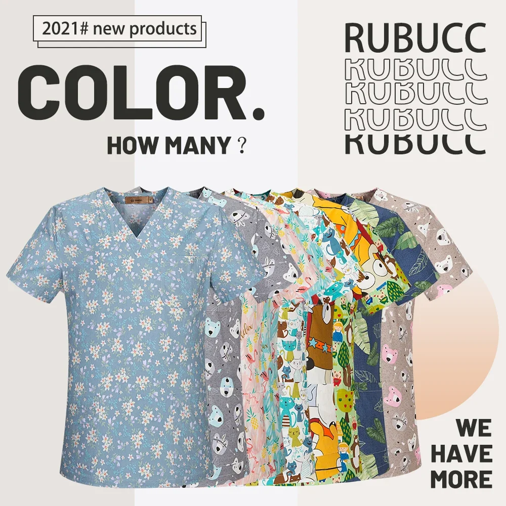 Medyczne chirurgiczne ubrania robocze 100% bawełna Print Scrubs Shirt Salon kosmetyczny Lab sklep zoologiczny lekarz pielęgniarstwo zdrowie Scrubs topy