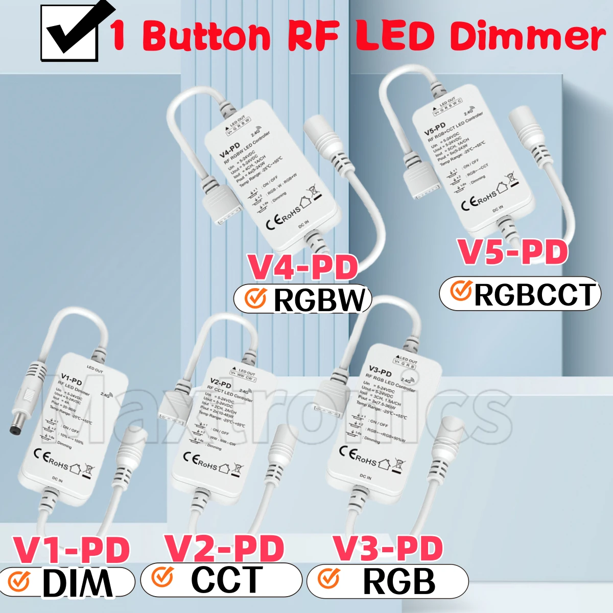 

V1/2/3/4/5-PD 1 Button RF LED Dimmer Controller 10Dynamic Mode Include Jump or Gradual Change For DIM/RGB/RGBW/CCT/RGB+CCT Strip