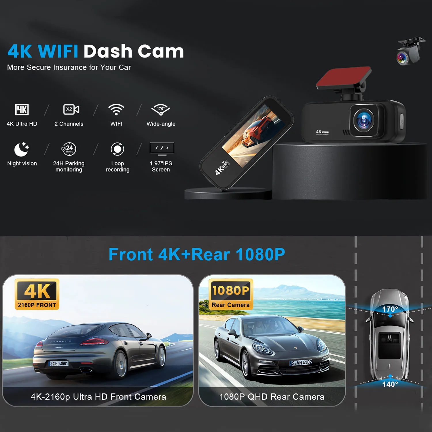 4K Dashcam Auto Mini Car Dvr Video Recorder with GPS WIFI Support Dual Lens 1080P Rearview Camera Night Vision Black Box