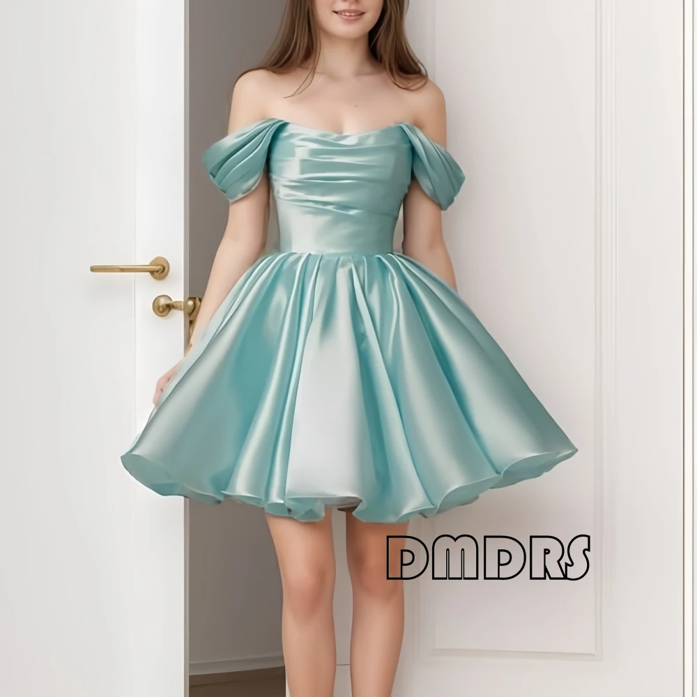 

Off The Shoulder Homecoming Dress Satin Short Prom Dress A Line Strapless Pleated Mini Cocktail Party Gown