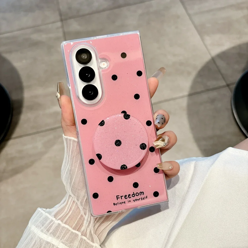 High-end Fashion Black Polka Dot Epoxy Phone Case for Samsung Galaxy Z Fold 7 6 5 4 Folding Stand Bracket Shockproof Soft Cover