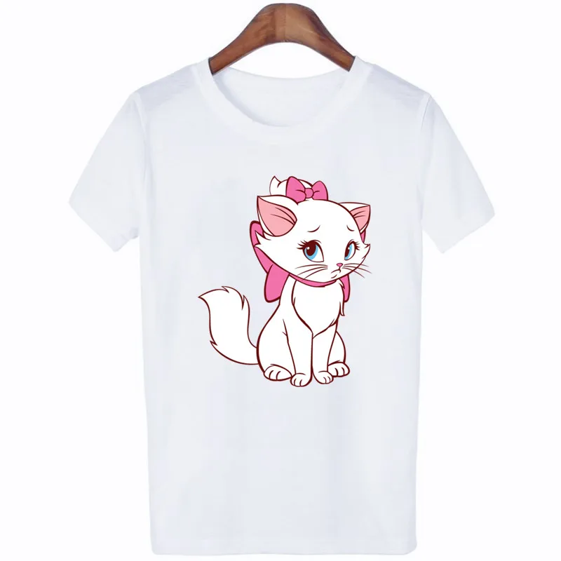 Cartoon Marie Cat Women\'s T-shirt Disney The Aristocats Graphic Print Summer Short Sleeve Summer Crew Neck Casual Top for Girls