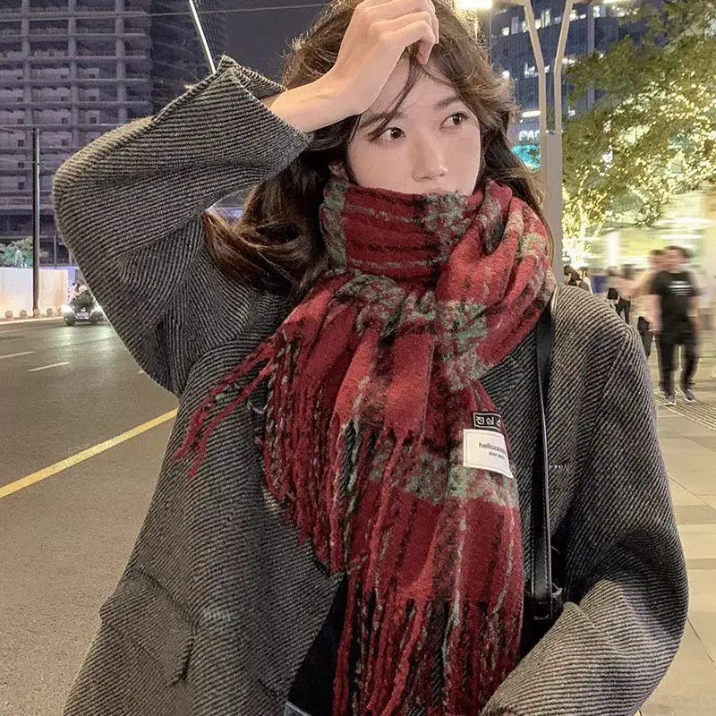 Autumn New Korean Style Warm Scarf Woman Plaid Elegant Shawl Girl Holiday Party Red Casual Preppy Winter Scarf