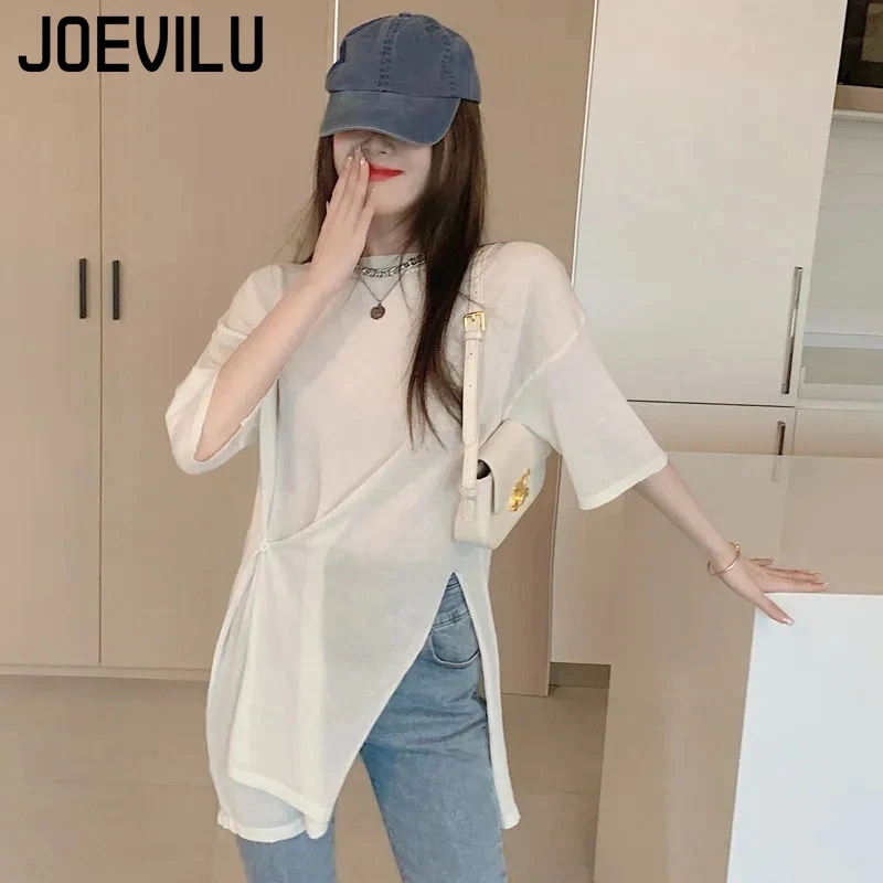 Split Irregular Tops Women\'s Summer Mid Length Half Sleeve T-shirt Korean Fashion Loose Slightly Transparent Sunscreen Blouse