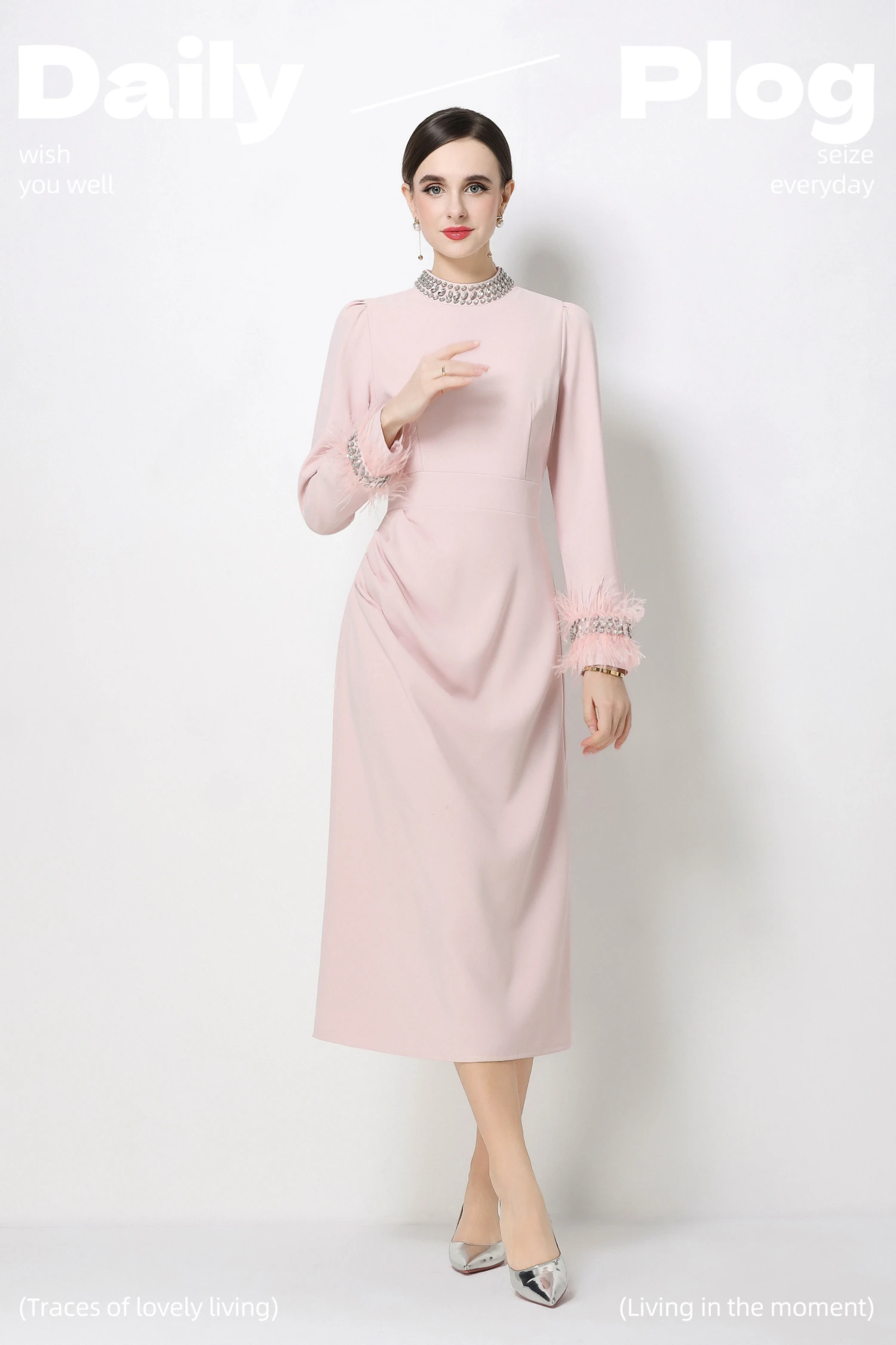

Women's Slimming Fashion Dress Beaded round Neck Long Sleeve Patchwork Zipper Temperament Female Clothing